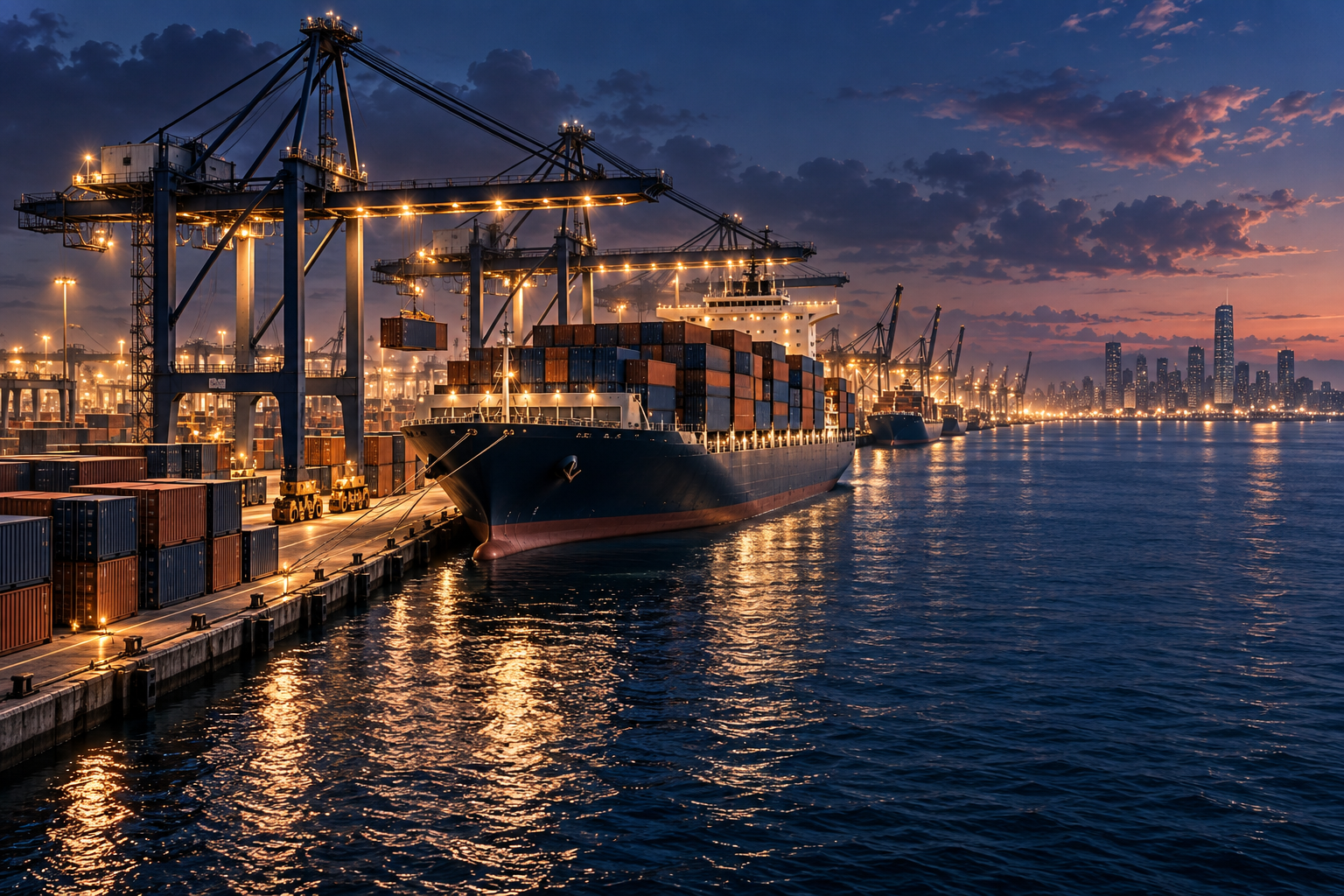 Illustration of shipping containers, cranes and a cargo vessel at port