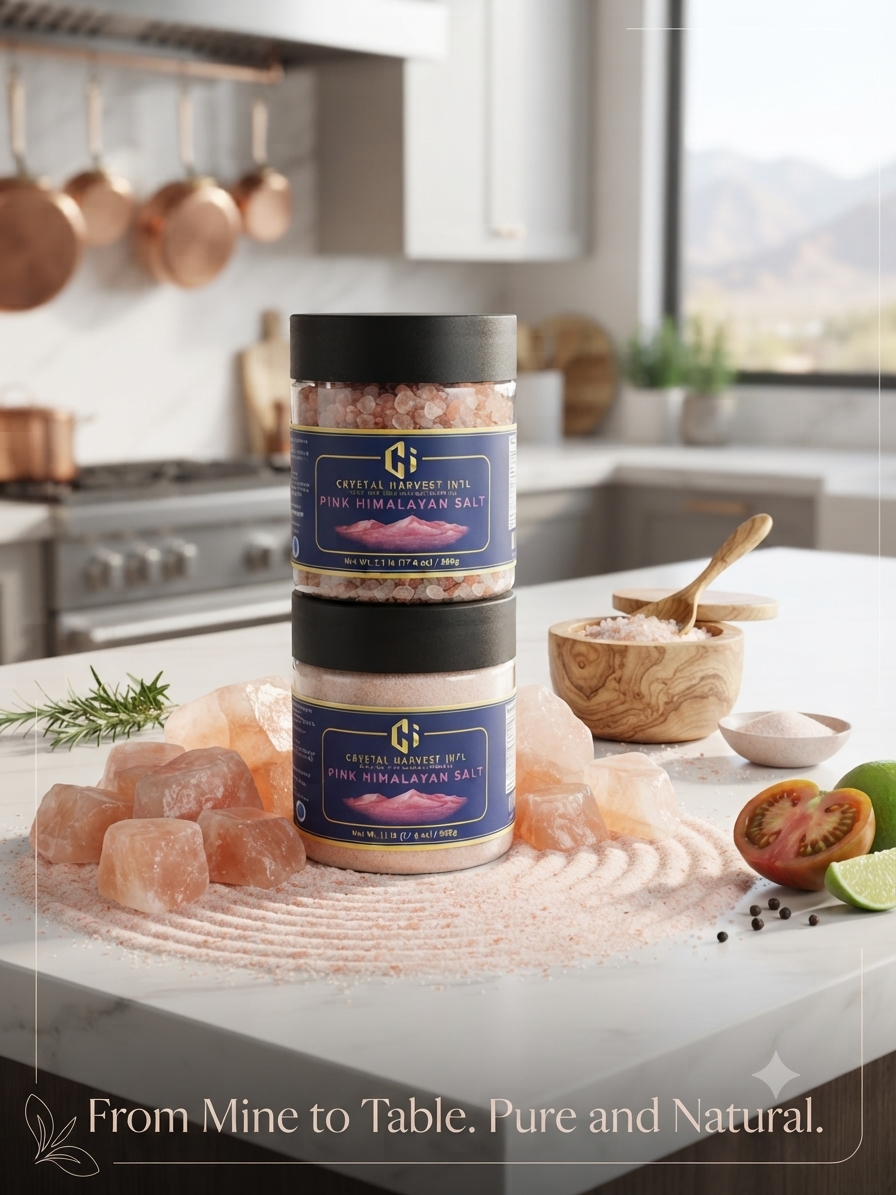 Pink salt jars showing Crystal Harvest retail packaging
