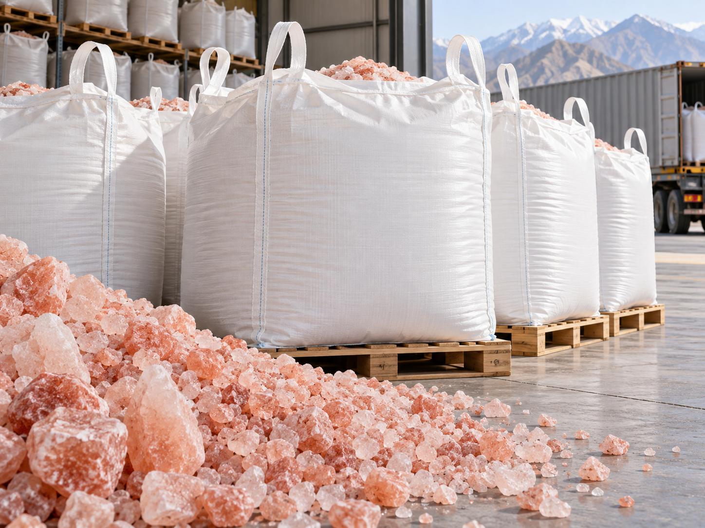 Bulk bags of Himalayan pink salt prepared for export