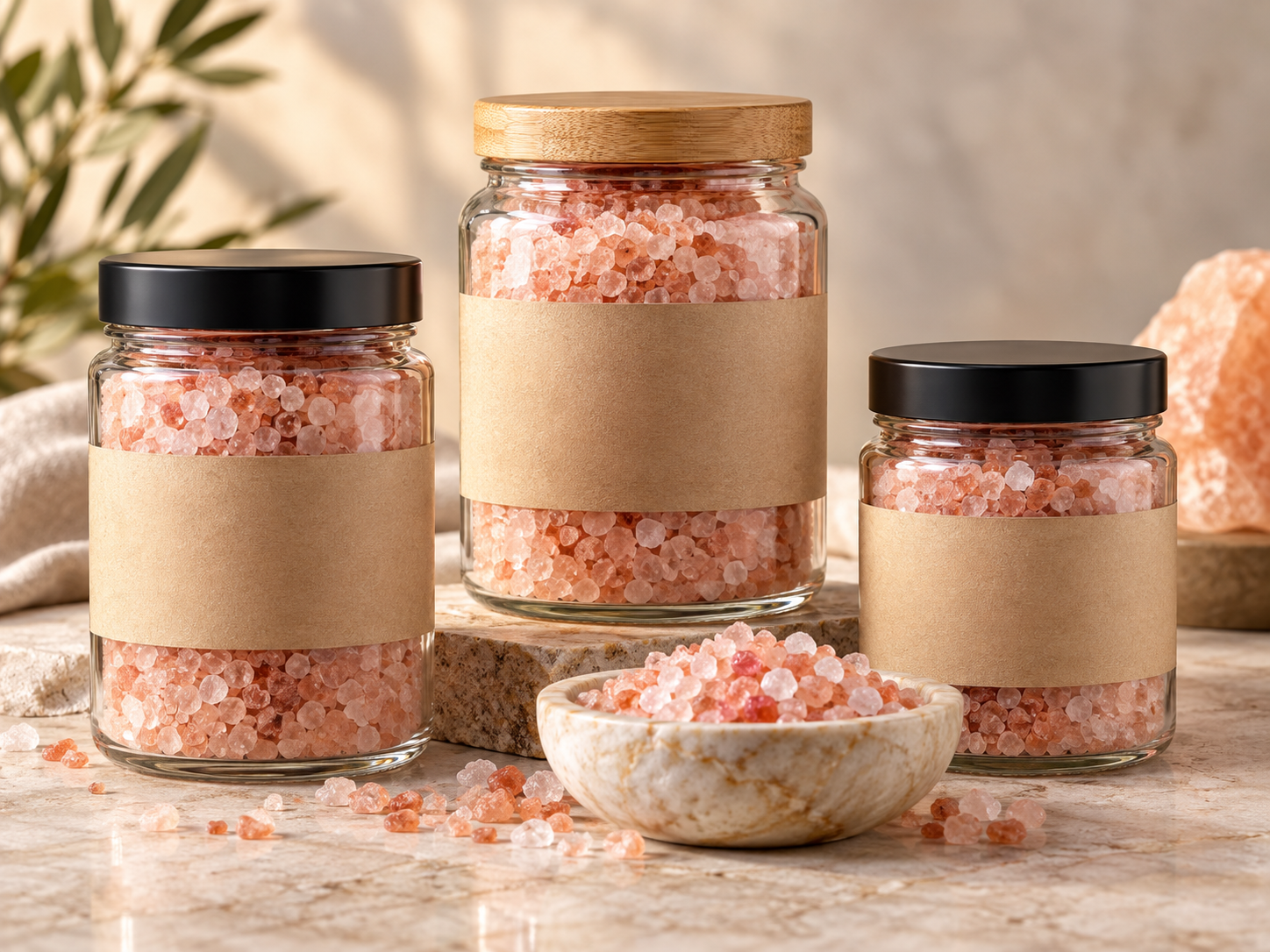 Private-label glass jars filled with coarse Himalayan pink salt