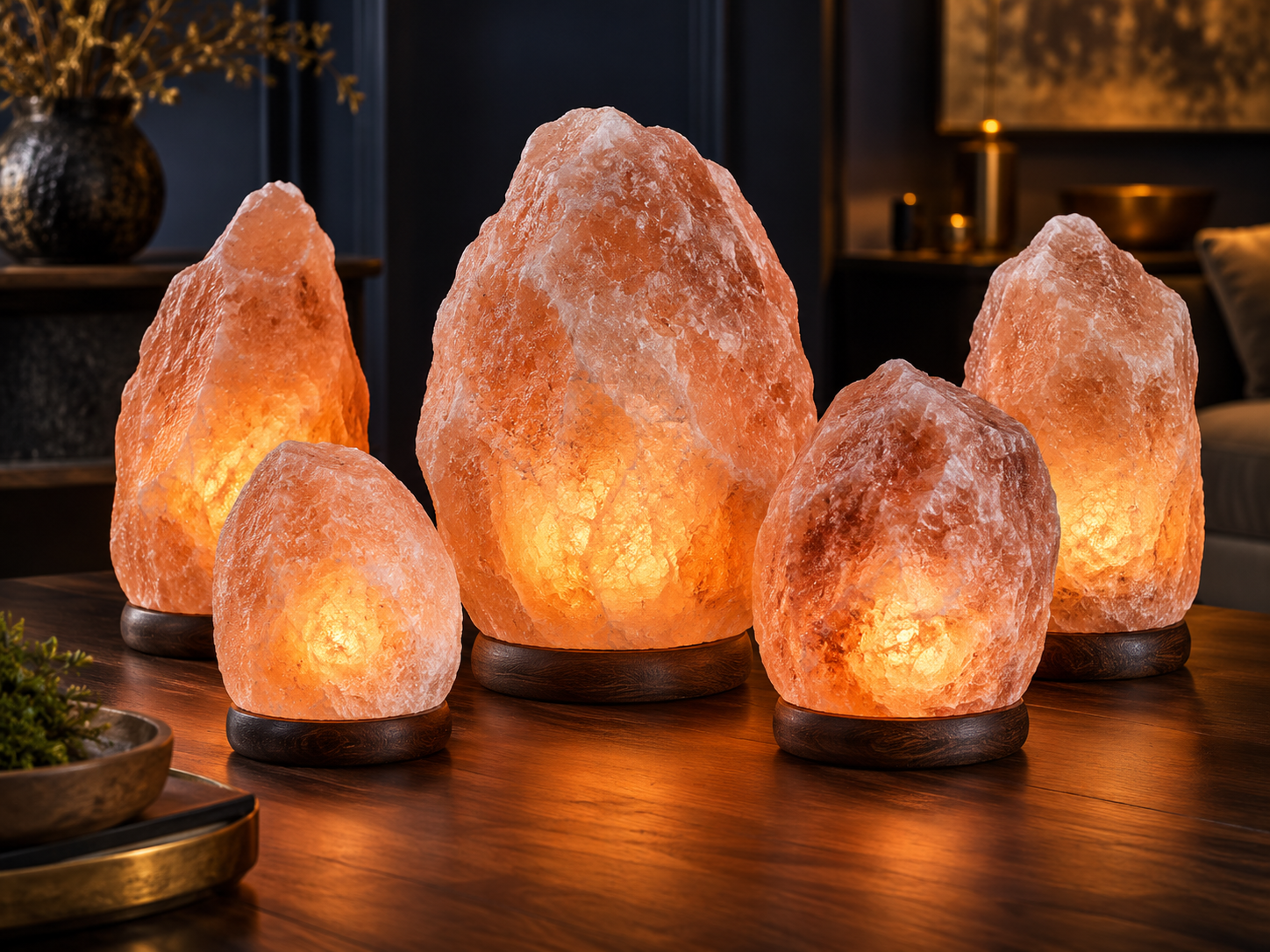 Collection of illuminated natural Himalayan salt lamps